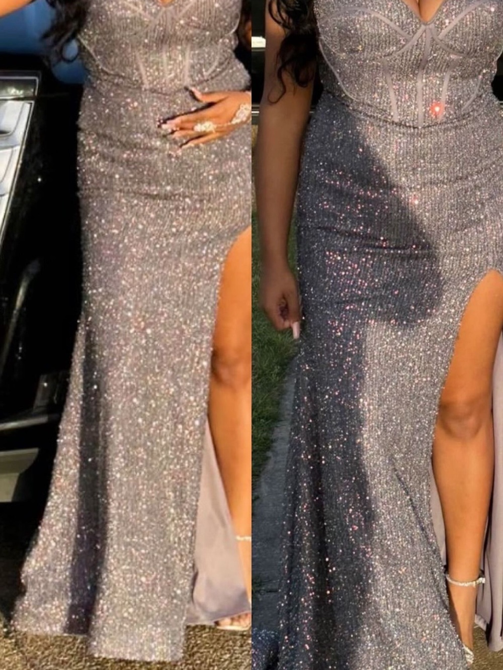 Journee Collection Silver Sparkle Sequin Prom Gown with High Slit